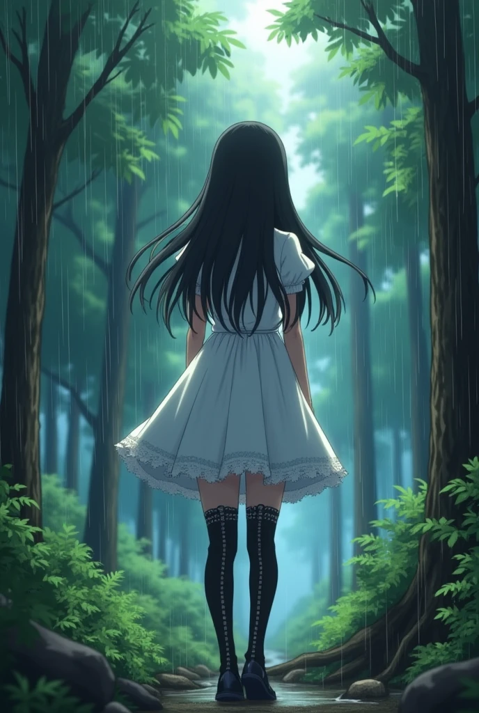 ryuuguu rena from anime when thery cry.rain.in forest.full body view.in her white dress.in black laced stockings.
