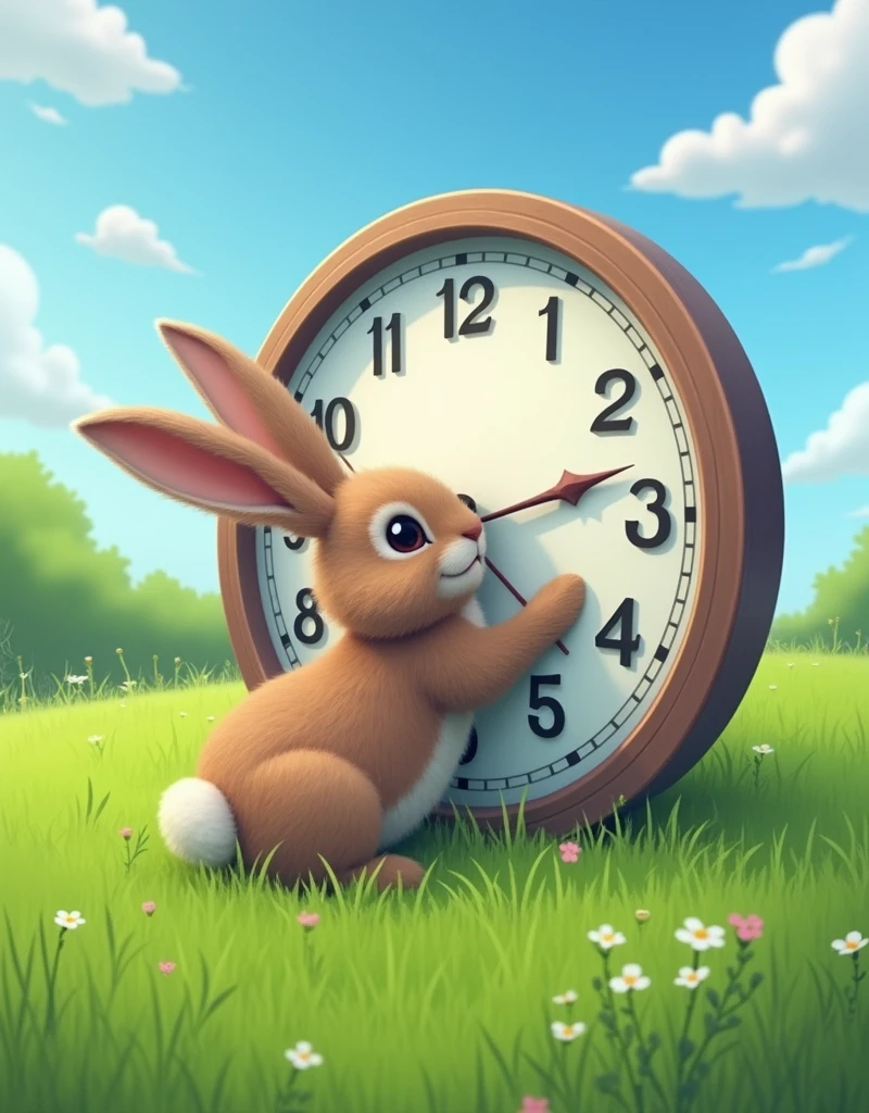 In a lush green meadow under a clear blue sky, a giant clock with correct numbers stands prominently. A very large, fluffy rabbit is playfully interacting with the clock, clinging to its large hand and wrapping around the gears, emphasizing the harmony between nature and the concept of time. The rabbit's playful and curious nature is highlighted by its position and interaction with the clock.
it's 8:45 in the morning.