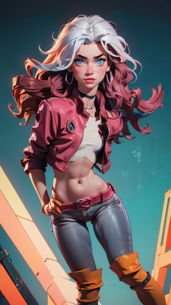 supermodel physique, perfect body, perfect clear skin, ultrarealistic, hyperrealism, photorealistic, ultra quality, masterpiece, high quality, beautiful, sexy face, pretty, slightly toned, fit, supermodel build, 3/4 body view, sexy waist, sexy hips, perfect legs, thigh gap, rogue, 1girl, solo, blush, wavy hair, multi colored hair, pink and grey top, pink and grey bottom, dynamic angle, high quality eyes, beautiful eyes