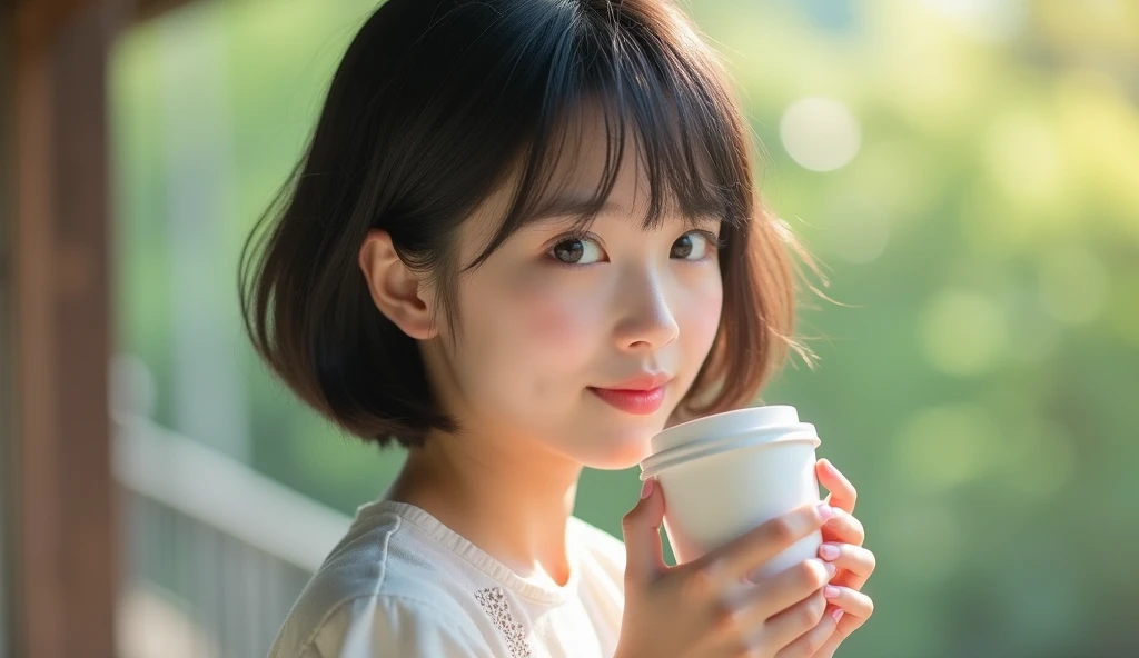 1 girl, Outdoorで, Coffee in hand, Fascinating and elegant, (Realistic eyes, Natural skin texture, Innocent look), Intricate details, Soft and dreamy lighting, Pastel Color Palette, Shallow depth of field, Very detailed, Ultra-realistic, Medium format film camera, Blurred Background., Bobcut、Bob Hair、short hair, Japanese、Japanese、Smiling、Outdoor、Ultra-realistic