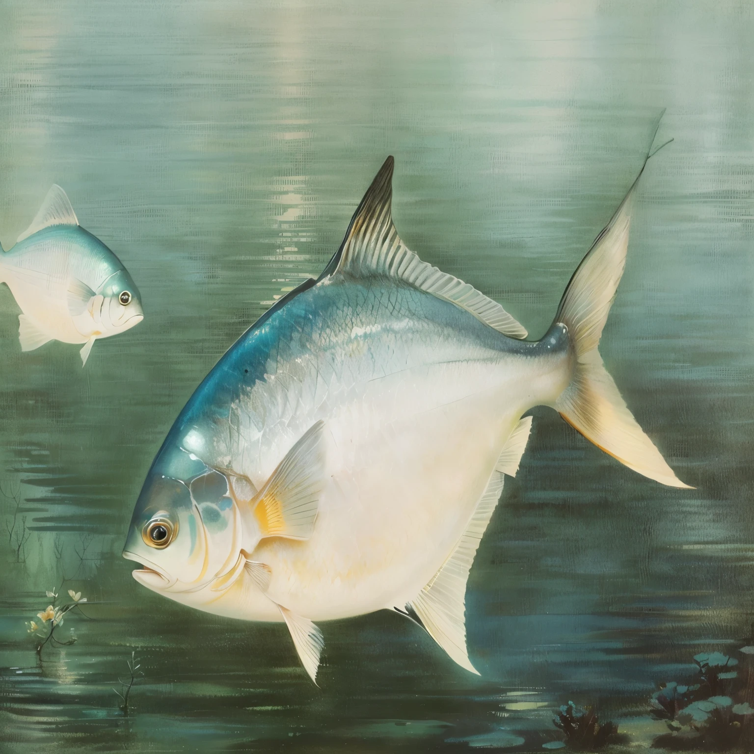 There are two fish swimming in the water with a fishing net, Clear focus ilustration, A silvery white painting, cel shad, Sergey Vasnev, Color lithograph, Silver Gill Expert, Rays, author:Jeff Miracle, Clear focus, colored pencil illustration, Artworks by Pedro Bell, Konstantin Polubov