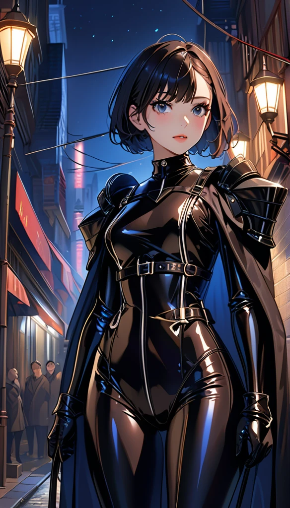 Very detailed, Very sharp, best quality, woman, Sophie Thatcher's face, Black Knight latex set, Tall and thin body, harness, night, night street, lamp, very short black hairstyle, dark makeup, pauldron, leather case,