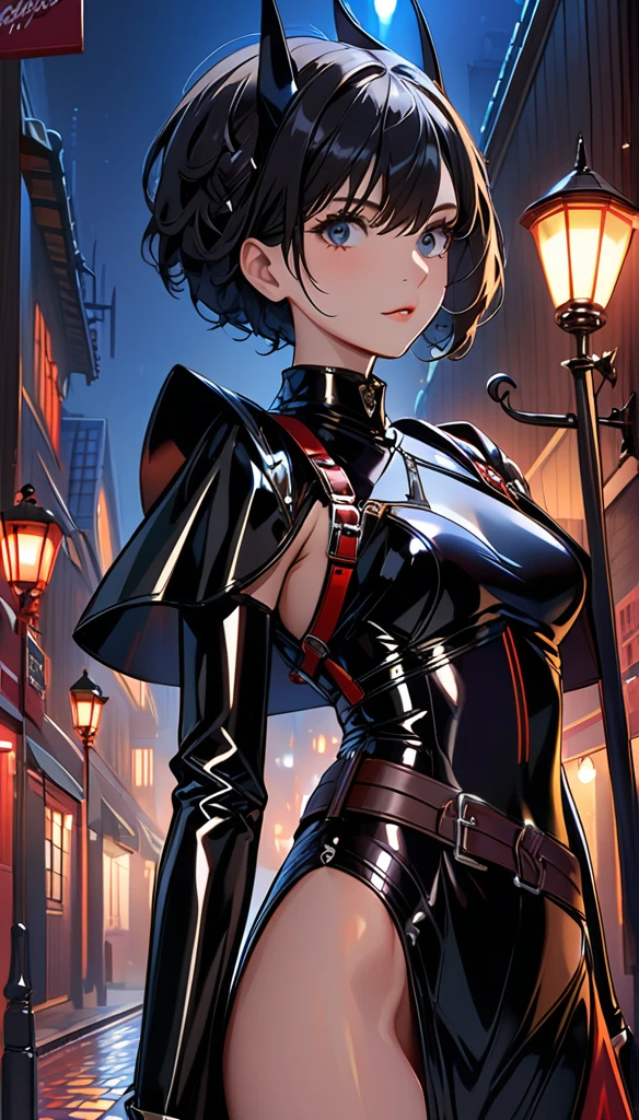 Very detailed, Very sharp, best quality, woman, Sophie Thatcher's face, Black Knight latex set, Tall and thin body, harness, night, night street, lamp, very short black hairstyle, dark makeup, pauldron, leather case,