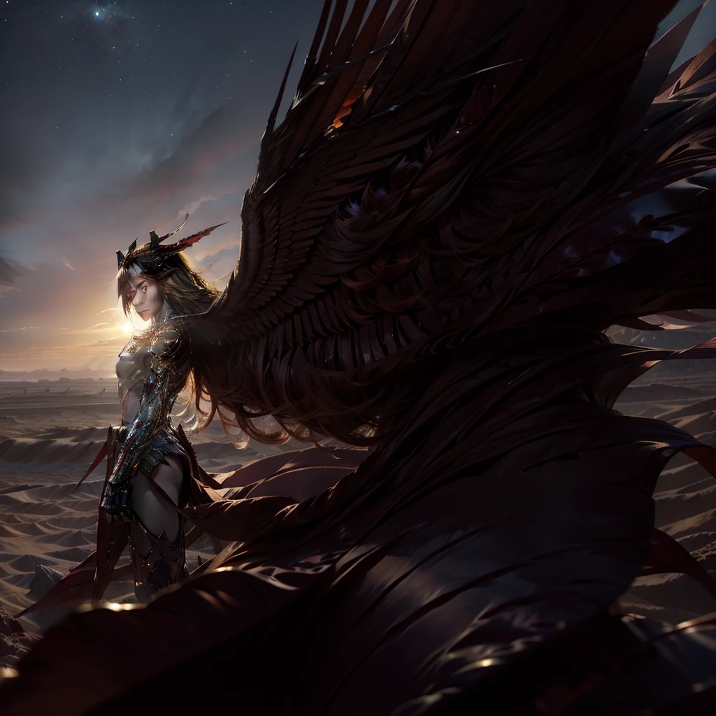 Wearing a red mecha with wings，Front of face，Red long hair，4K resolution，Best image quality，Rich in details，full-body shot，panoramic，Long shot。Desert in the background，dusk，Sunset。