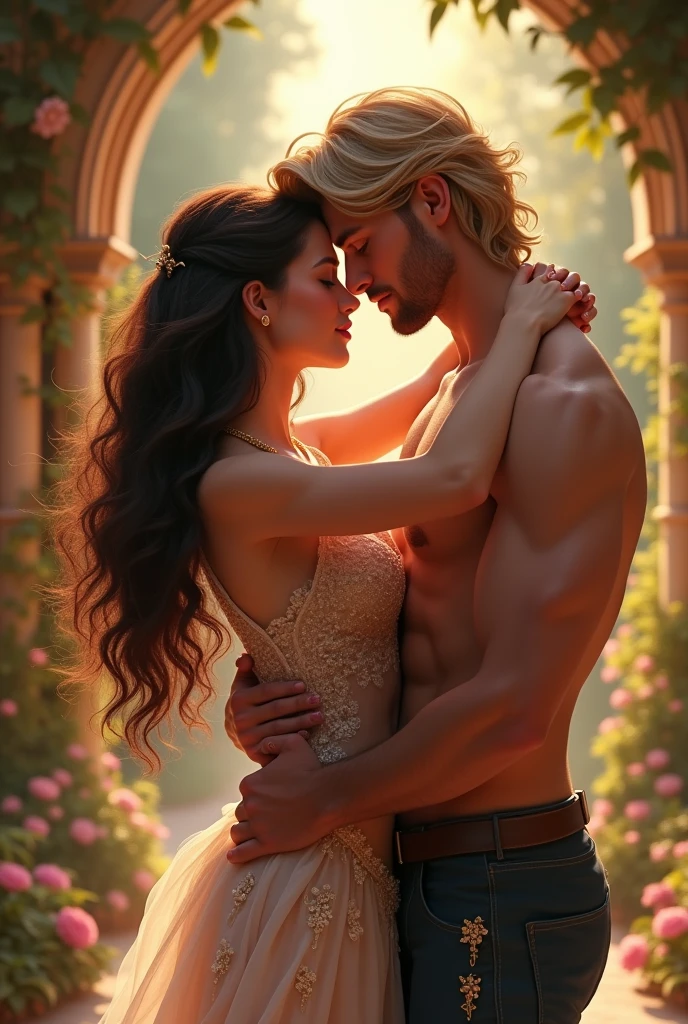 A brunette princess with long, curly hair hugs her golden-haired prince, if bare chest touches him