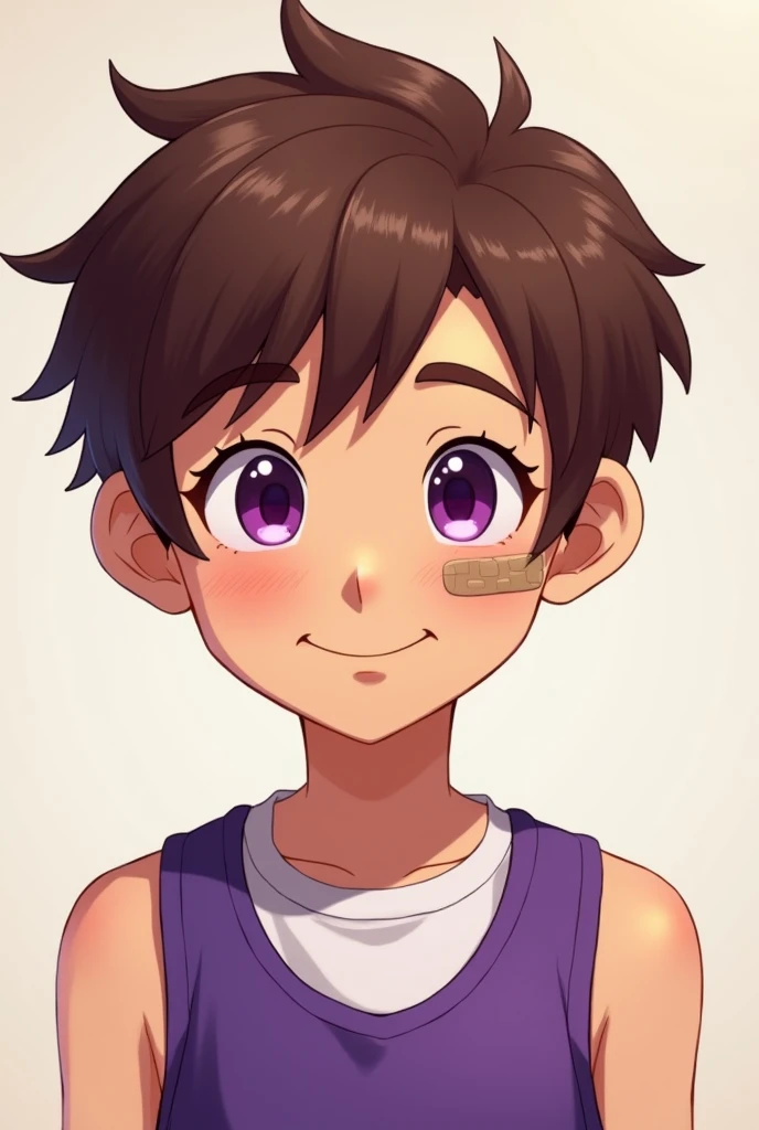 6 year old boy, brown hair, purple eyes, band aid on face, purple tank top, white t-shirt inside, smiling.