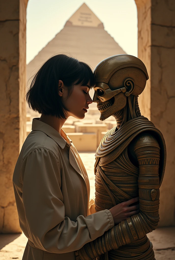 a girl with short hair and bangs and the handsome young man mummy of an ancient Egyptian pharaoh falling in love. At the back, draw the biological laboratory and the ancient Egyptian pyramid