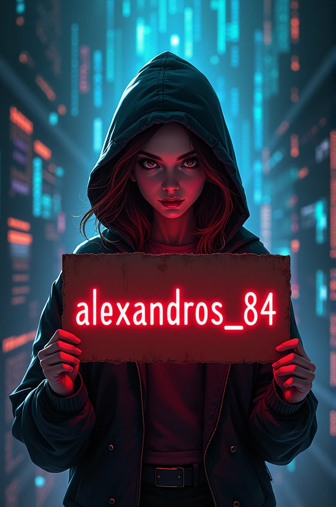 18 year old female hacker with sign that says alexandros_84