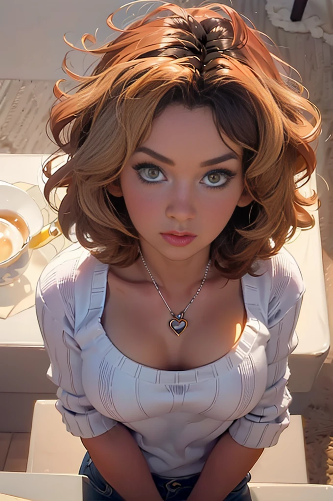 (Best quality, 8k, 32k, Masterpiece, UHD:1.2),Photo of Pretty woman, very short bob hair,upper body,face focus,oversized_sweater, necklace, simple background, from above, looking at viewer, prinzzess