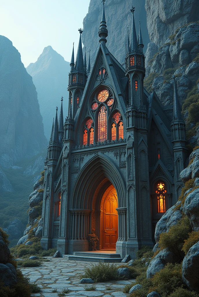 "An ancient church is carved into the face of a towering mountain, blending gothic architecture with futuristic elements. The jagged peaks surround a facade that rises majestically from the rock, its spires reaching skyward like metallic needles, shimmering under the sun as if harnessing an unknown energy. The gothic arches, adorned with dynamic, geometric stained glass, pulse with light, displaying ever-changing patterns that evoke a sense of mystical technology. Biomechanical gargoyles, half-creature, half-machine, perch ominously, their metallic forms glinting in the eerie light. Stone and metal intertwine seamlessly, creating a stunning contrast between the old and the ultra-modern. The massive iron doors, weathered with age, stand open like a gaping mouth, inviting viewers into a sanctuary where the sacred and the technological merge in a haunting yet harmonious display. The scene is bathed in a twilight hue, casting long shadows that enhance the atmosphere of mystery and awe, with the distant sound of wind echoing through the mountainous terrain."