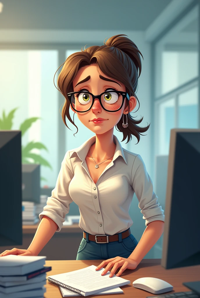 Unhappy lady corporate office worker. Include the following features... Distinct freckles, ponytail ( hairstyle), wears glasses, dorky kinda awkward demeanor. Mimick the animation style from the tv show Scavengers Reign.