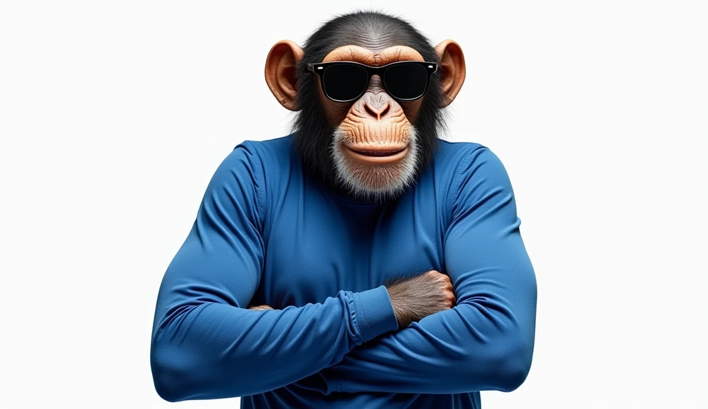 chimp wearing sun glasses and a blue long sleeves shirt, folded arms, white backgroung, half body. very dynamic