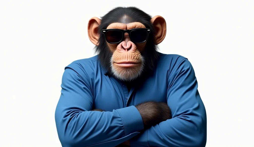 chimp wearing sun glasses and a blue long sleeves shirt, folded arms, white backgroung, half body. very dynamic