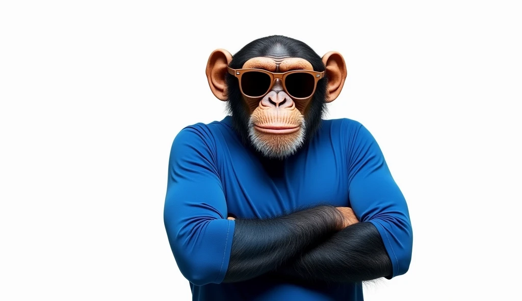 chimp wearing sun glasses and a blue long sleeves shirt, folded arms, white backgroung, half body. very dynamic