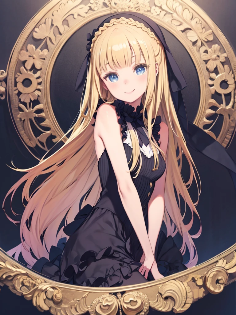 Super detailed, masterpiece, Highest quality, alone, A kind smile, A light smile, One girl, blue eyes, Very long hair, Blonde, long Blonde, French Braid, bangs, Medium chest, Hair Ribbon, Frilled Chalk, Crisscross halter neck, Sleeveless dress, High Waist Skirt, backless dress, Westbow, Removable sleeves, Ruffle sleeves, Wide sleeves, pantyhose, Patterned legwear, Mary Jane, Little, whole body