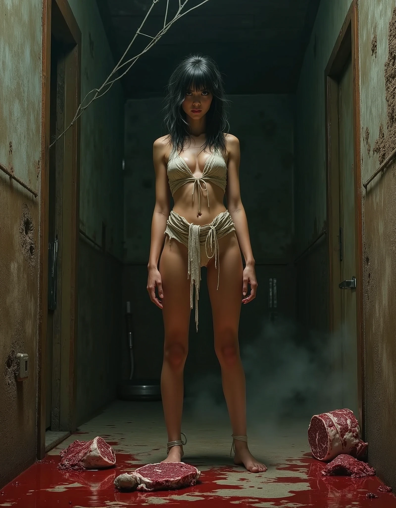 -yeld giin hippie outfit with tiny breasts (Gothic style) torn skirt, sexy body proportion, messy black hair, small breasts torn skirt ruddy and shy, in old cellar, cobwebs, wet, classic horror movie vibe, euro-sleaze, blood spatters, kitchen knife, pool of blood, slabs of raw beef, intricate, tall detailed, intricate, dramatic realism art, cg, 3d, 8k 4k, Frank Frazetta, Jean Giraud, EC Horror Comics, Warren Publishing,