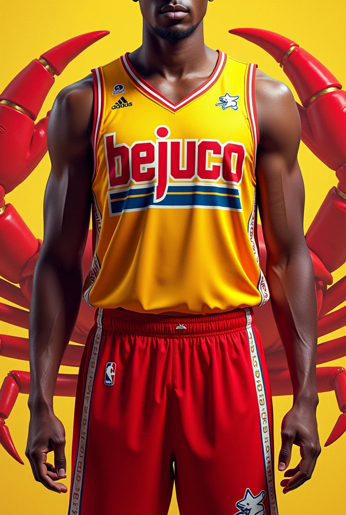 Create a red and yellow basketball uniform that says bejuco and has a crab in the background