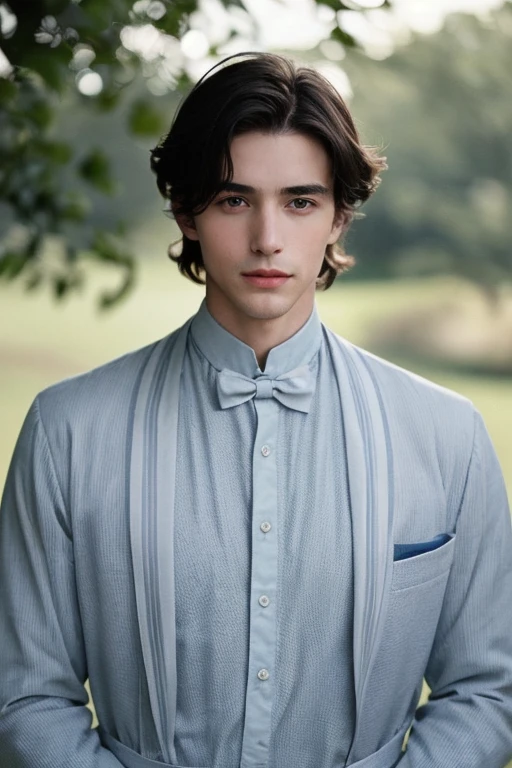 Handsome Men Portrait, shot on leica, shadowplay, gorgeous lighting, subtle pastel hues, outdoors ,1890, medium length dark hair, slight wavy