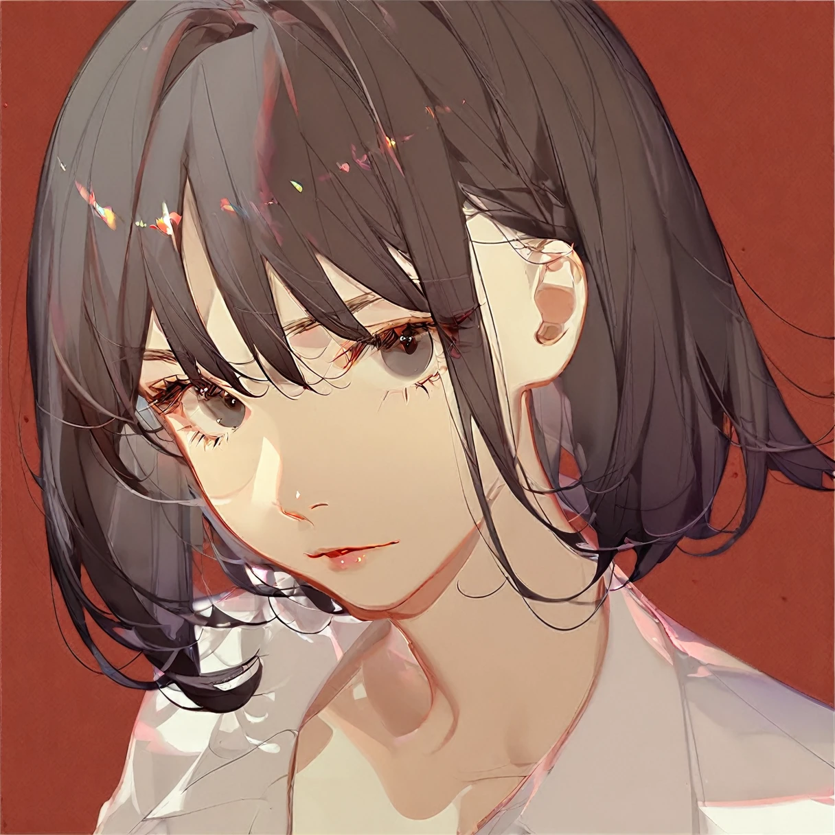 by ask, 1girl, solo, black hair, looking at viewer, red background, black eyes, short hair, bangs, shirt, makeup, white shirt, collarbone, bob cut, portrait, collared shirt