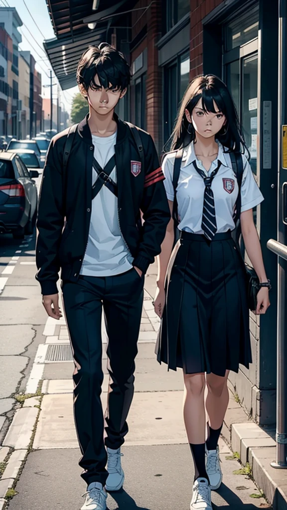 Male, 18 years old, Serious face, 18 year old woman, serious face, School day, walking home, black hair