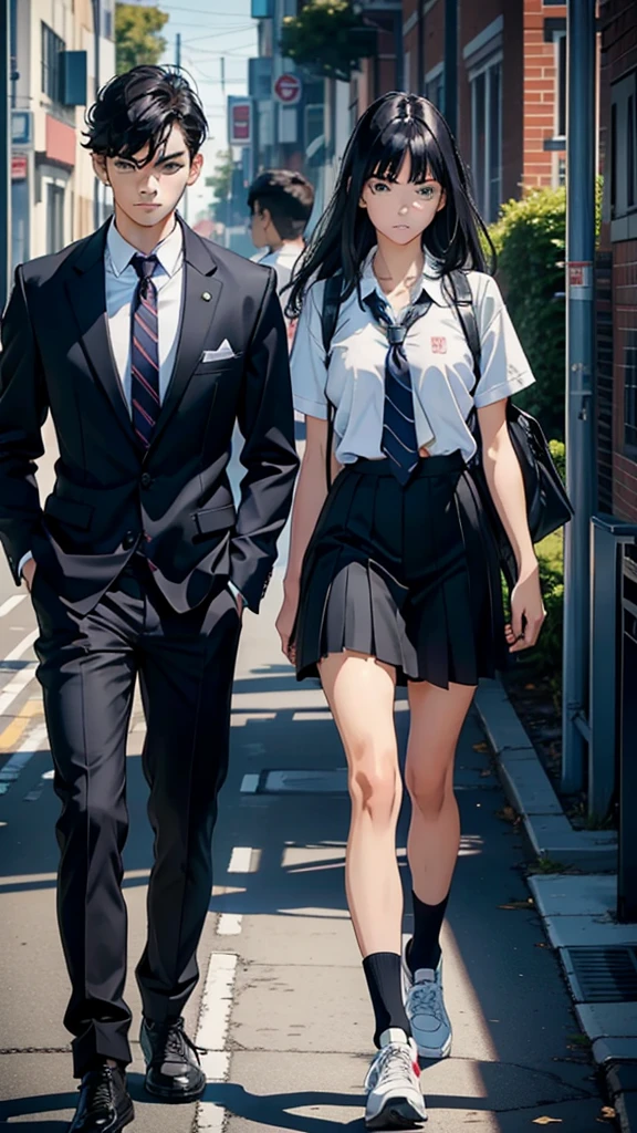 Male, 18 years old, Serious face, 18 year old woman, serious face, School day, walking home, black hair