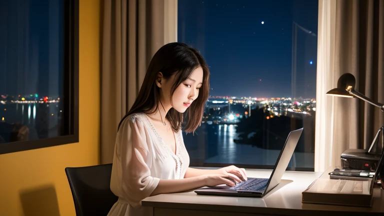 Beautiful girl operating a computer｛Two-handed operation｝Beautiful girl facing a computer、｛Beautiful night view from the window｝、Beautiful girl standing by the window、Beautiful girl sitting、Beautiful girl in nightgown、Slender beautiful girl、Beautiful girl in a dark room、Blonde silver haired beautiful girl、夜にBeautiful girl operating a computer｛Right beside｝