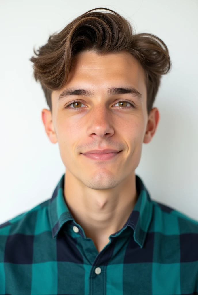 Close-up avatar photo, Wearing a Teal Plaid Button-Down Shirt, White background, Hazel eyes, Centered composition,Reality