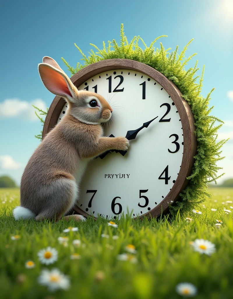 In a lush green meadow under a clear blue sky, a giant clock with correct numbers stands prominently. A very large, fluffy rabbit is playfully interacting with the clock, clinging to its large hand and wrapping around the gears, emphasizing the harmony between nature and the concept of time. The rabbit's playful and curious nature is highlighted by its position and interaction with the clock.
it's 8:45 in the morning.