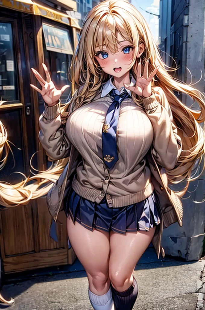 Browsing Caution,(Highest quality, 8k, masterpiece:1.3,beautiful girl), (Very detailed)Glowing Skin,(((Long Hair,blonde,Beautiful Hair))),(Perfect Anatomy, Anatomically correct, Very detailed肌),((Golden Eyes)),((Perfect Fingers,Five Fingers)),((Light blue collared shirt, Navy pleated mini skirt, socks, Navy tie, Light brown cardigan, White knee socks)),Pink Panties, Knee-high socks,Knee-high socks on both feet,Double teeth,Big Breasts,Big Ass,In front of the station at noon,((Waving and looking at me)),Smartphone in right hand