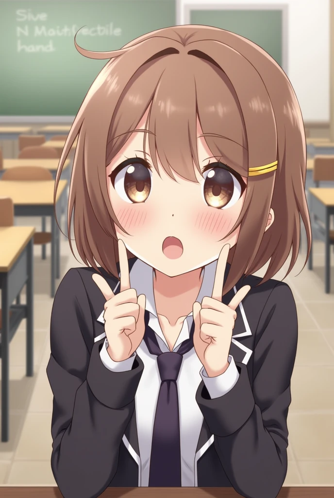 one girl, anime style, jacket, necktie, upper body, beautiful, naive, my neighborhood friend, beautiful, stare at me, blurry, classroom, ecstatic eyes, close mouth, hair clip