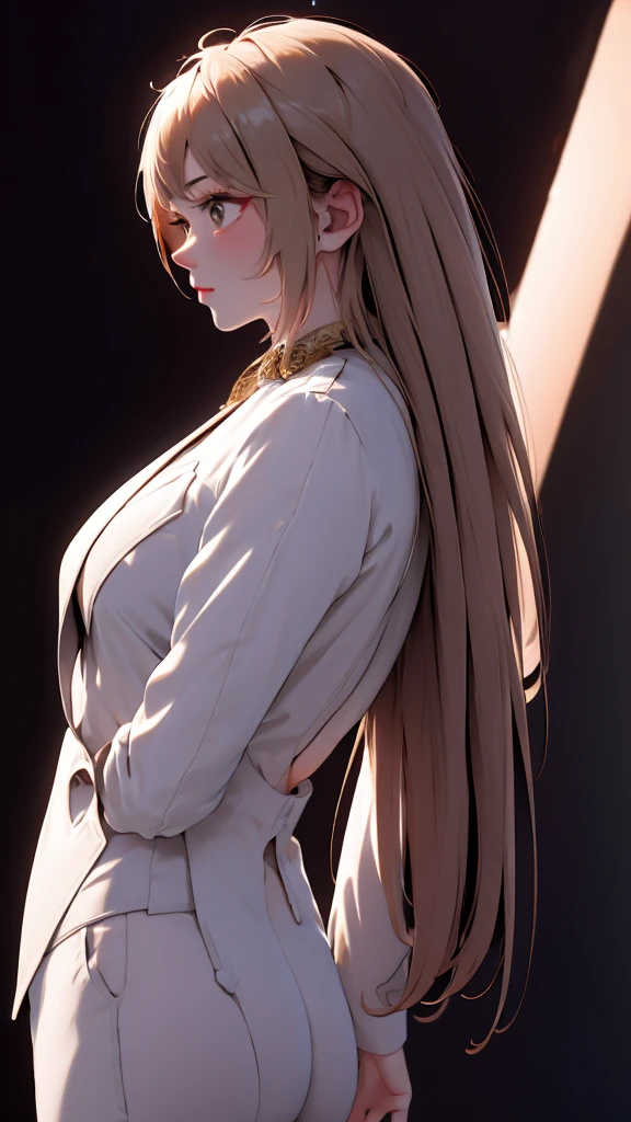 1 Girl, medium light gold hair, light white eyes, wearing Black Suit 4D , night club TOWN 18+, high res, ultrasharp, 8K, masterpiece, looking from behind