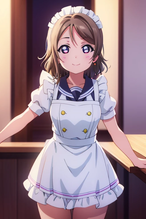  Highest quality、masterpiece、One Girl、alone、anime、animeScreencap、Ray Tracing、Global Illumination、ultra hi resolution picture、Bright colors、Light on the face、Glowing Eyes、Depth of written boundary、Detailed Background、cute、Straight、smile、View your viewers、Love Live!、whole body、Coffee shop、Maid clothes、You Watanabe
