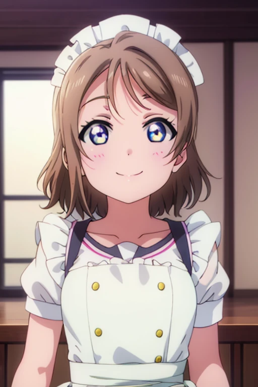  Highest quality、masterpiece、One Girl、alone、anime、animeScreencap、Ray Tracing、Global Illumination、ultra hi resolution picture、Bright colors、Light on the face、Glowing Eyes、Depth of written boundary、Detailed Background、cute、Straight、smile、View your viewers、Love Live!、whole body、Coffee shop、Maid clothes、You Watanabe
