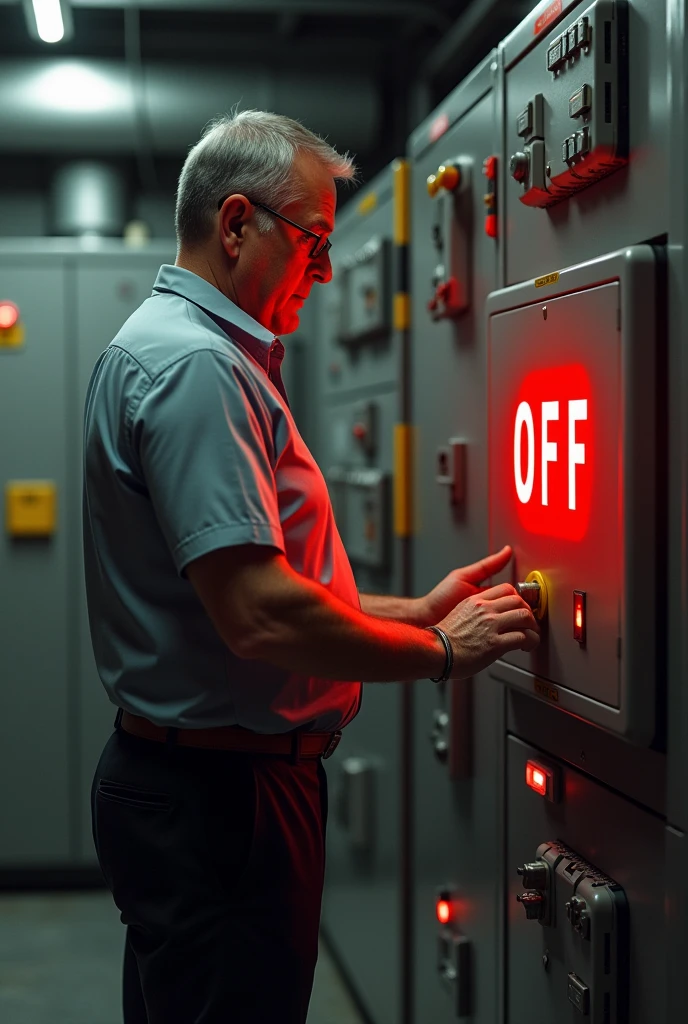 A man is switching of by pushing a red switch