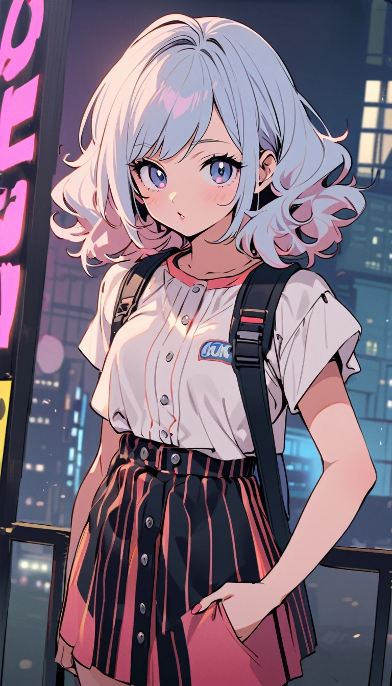 Japanese city-pop, female singer from the 80s, 23 years old, voluminous bob hair style, bang hair, round white face, pure image, frontal shot, --v 6.0 background Tokyo,