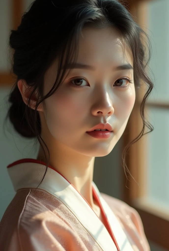 An elegantly dressed Japanese woman in natural light、A close-up of her chest and calm expression.、It shows her inner peace and outer charm.。