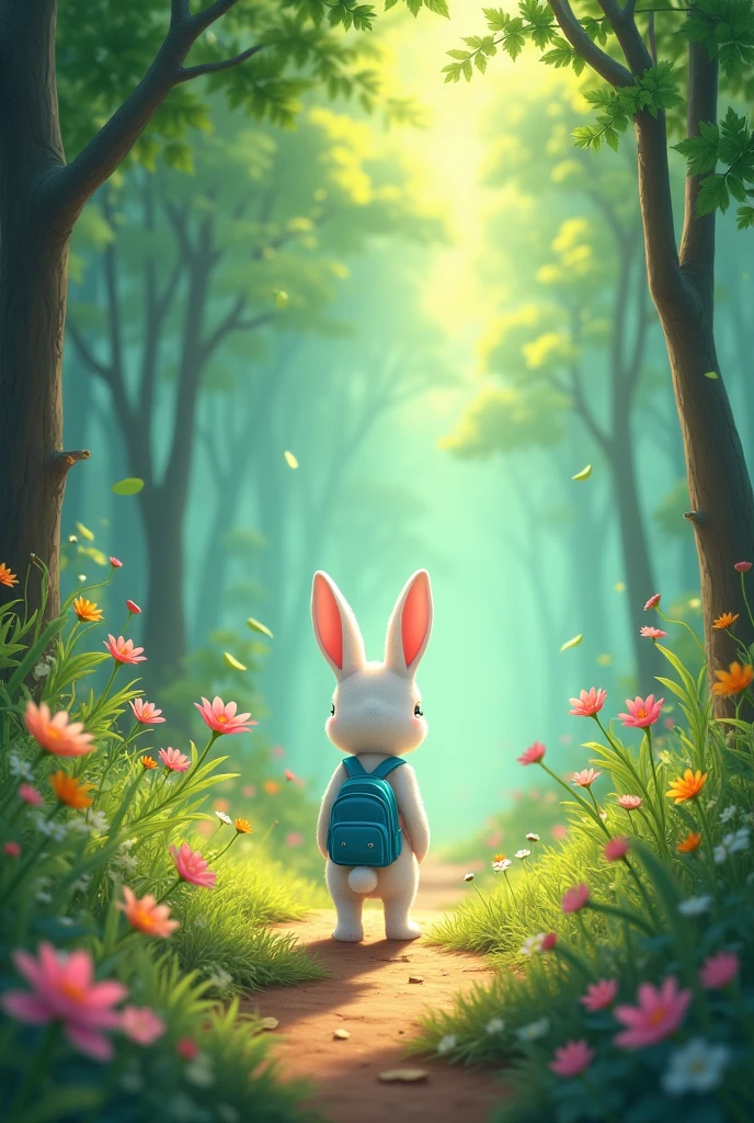 Step 1: Introducing Luna, the Curious BunnyImage Prompt: "A young, bright-eyed bunny named Luna stands at the edge of a lush forest. She's small with soft, white fur, big floppy ears, and a tiny blue backpack. The forest is colorful, with tall green trees, blooming flowers, and sunlight streaming through the leaves. Luna looks excited as she peers into the forest, ready for an adventure in Learning Land."