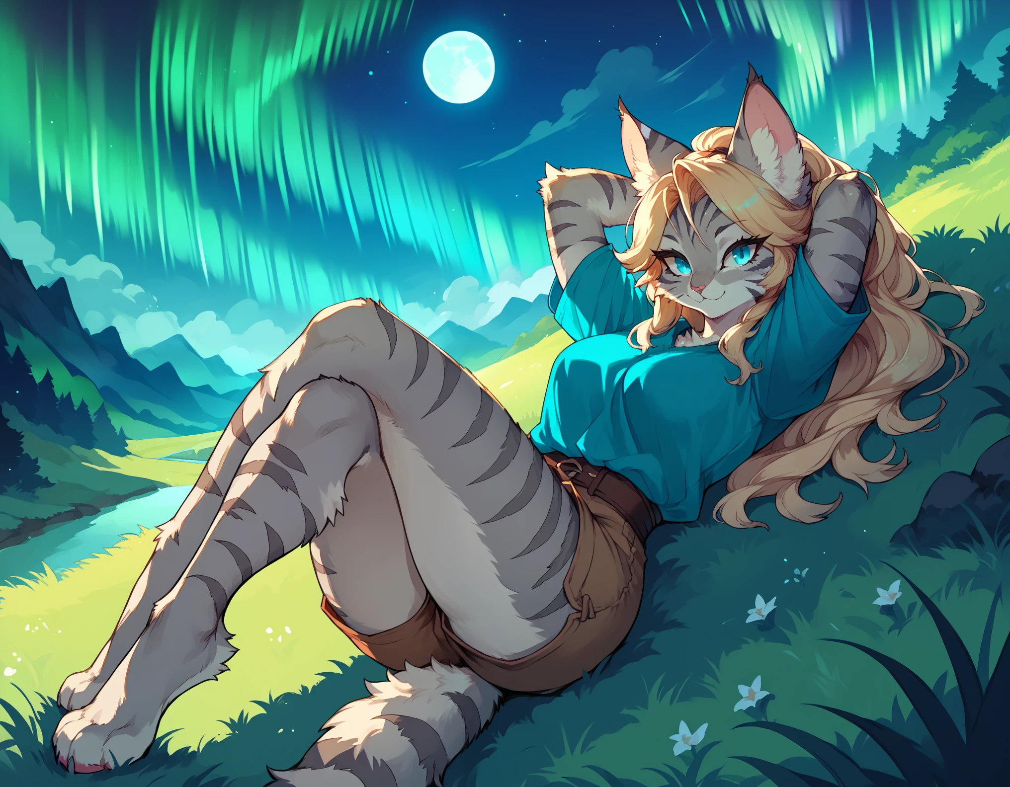 score_9,score_8_up,score_7_up, score_6_up, score_5_up, source_anime, kemono style, Kat, female Anthro furry feline, silver fur, grey stripes on body, blue eyes, long blonde hair, pink nose, :3, she is wearing blue tunic, brown short shorts, barefoot, lying on her back, legs crossed, at a small campsite, hands behind head, lying on luscious green grass, on a grassy hill, scenery shot, far away shot, beautiful starry night sky, aurora borealis, full moon