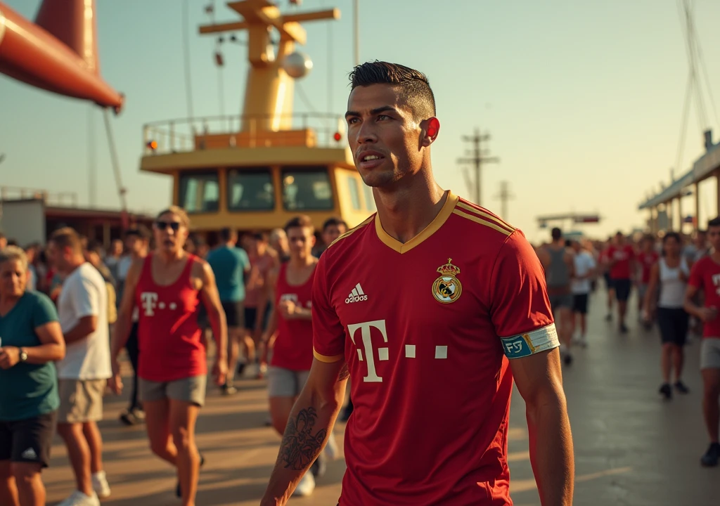 Ronaldo set in  gold big ship with his family and looking to front to camera 



