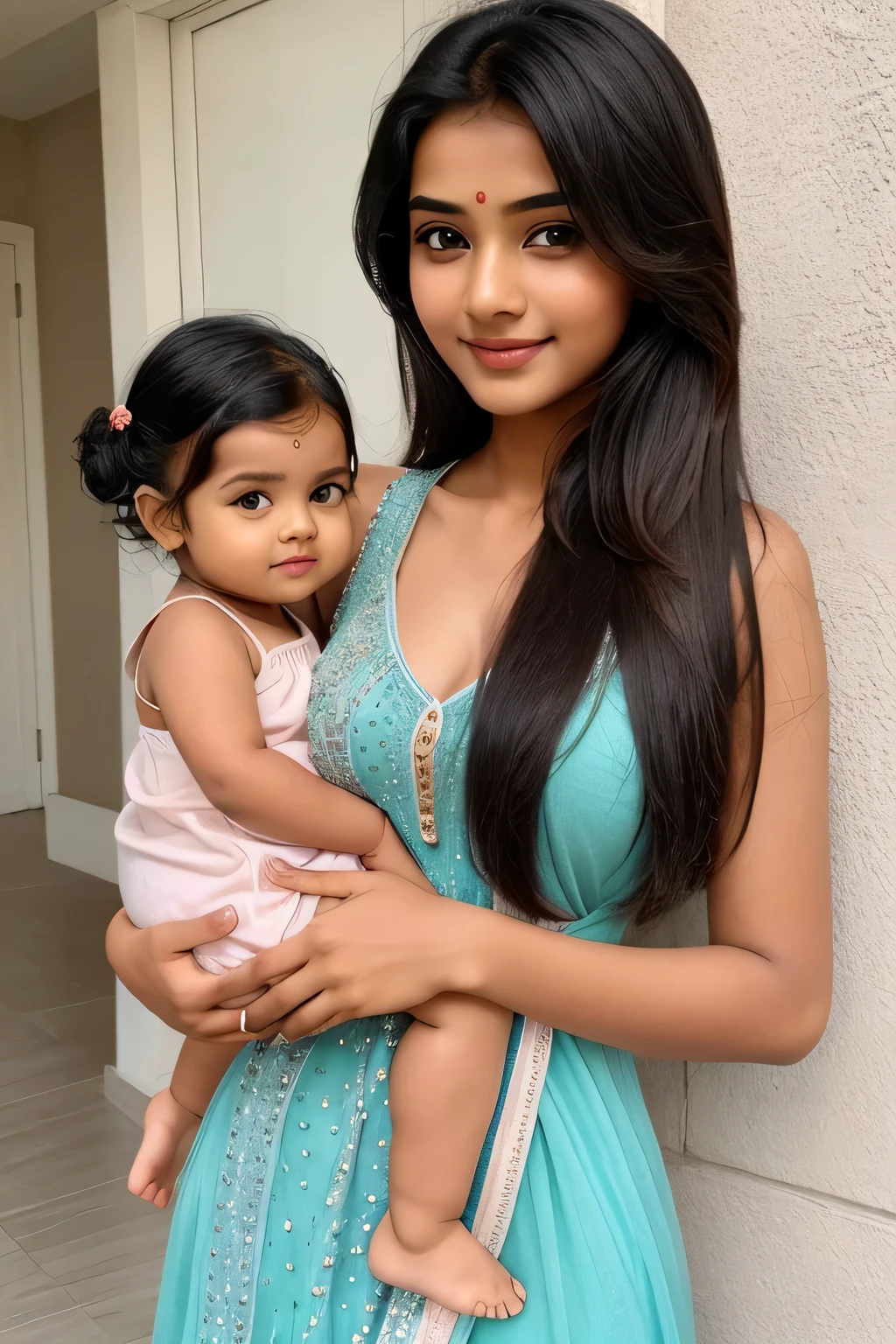  cute beautiful full hot romantic mood indian girl with smily face with small size boobs with different types of Hair style with stylish trending modern different color full stunning dress with his 2 years old cu  baby with cutstraight full  hot pic
