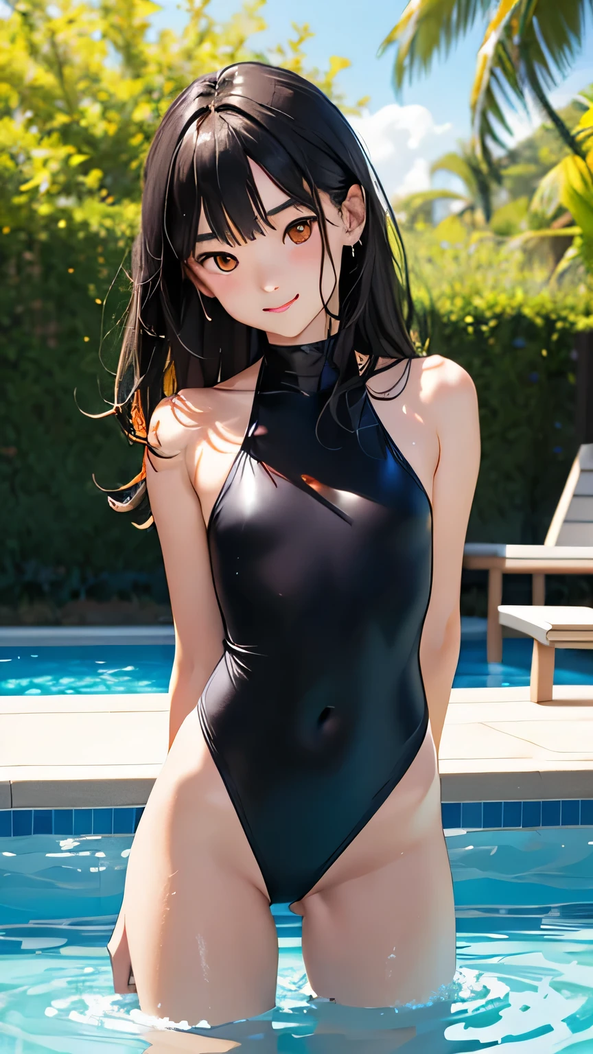 Highest quality、Realistic、girl、、zoom、Orange eyes、Black Hair、Blue swimsuit、slender、Small breasts、Inappropriate smile、Pool、Bust Shot、