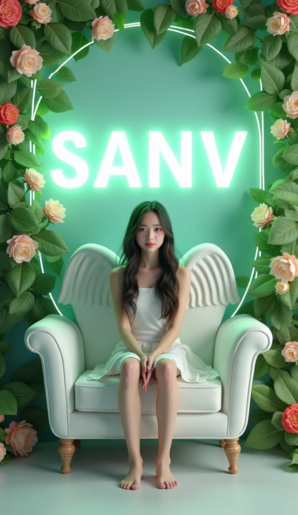 Create 3D picture of a beautiful 16year old GIRL  sitting on the white sofa set chair, the girl is wearing a neon, background wall decorate in flower and leaves and written on capital Big font white colour "SANV" and  are green colour look like angel