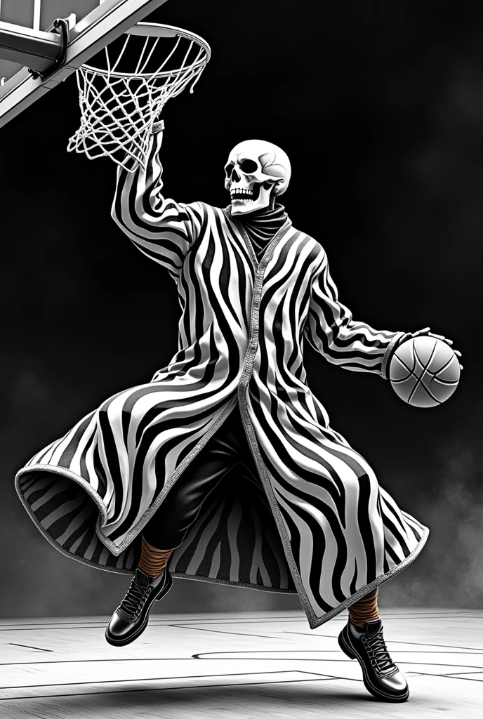 Logo for a basketball team where a skull plays basketball, He is for his part doing a dunk, putting the ball into the hoop The skull must be dressed in a large blanket similar to a magician's guayabera The black and white colors in the skull's clothing must stand out