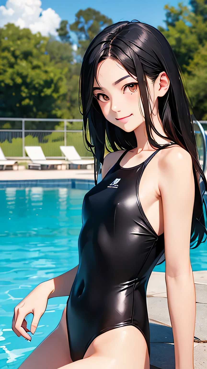 Highest quality、Realistic、girl、、zoom、Orange eyes、Black Hair、Blue swimsuit、slender、Small breasts、Inappropriate smile、Pool、Bust Shot、