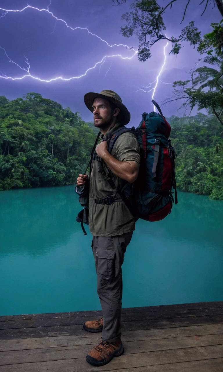 man 30 years old with a backpack standing on a dock near a lake, wearing adventuring gear, carrying survival gear, with lightning bolts, with lightning, adventurer, wearing adventure gear, a man wearing a backpack, with rain and lightning, portrait of an adventurer, with a backpack, standing next to water, cinematic lightning and colors, in a river in the jungle, motivational