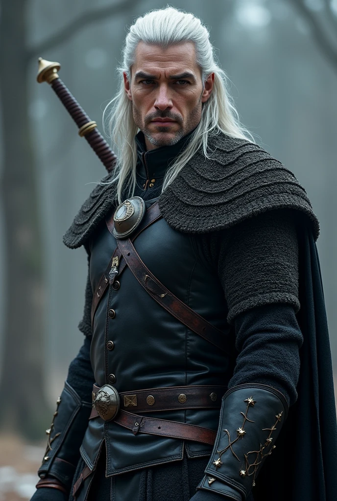 Geralt of Rivia holding sword, shock, lambert and vesemir, 4K quality, wolf school background, and the wolf symbol  