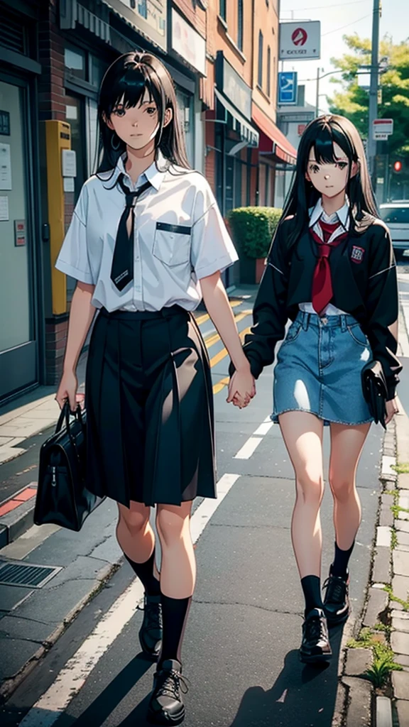 Male, 18 years old,Female, 18 years old, School days, Hand in hand walking, black hair
