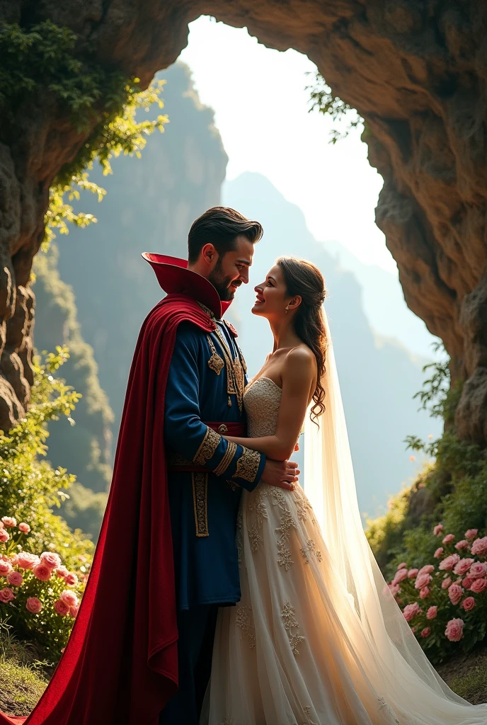 Generate a photo of Dr strange from Marvel and Christine in groom and bride (use face of groom as Steven strange and face of bridge as cristine from dr strange movie) in front of crunch