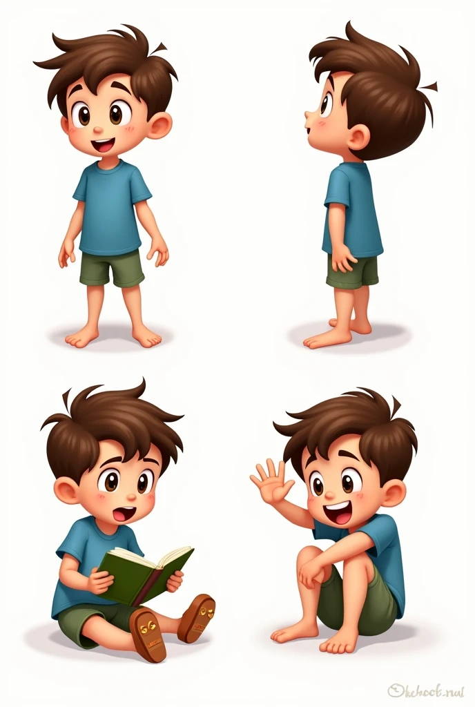 Description: Tom is a 6-year-old boy with short brown hair and big, curious brown eyes. He is wearing a blue T-shirt and green shorts.
Pose 1: Tom is standing, looking excitedly at something in the distance.
Pose 2: Tom is sitting on the ground, reading a book with a smile.
Pose 3: Tom is hugging his knees to his chest, looking a bit sad.
Pose 4: Tom is waving goodbye, his face filled with happiness.