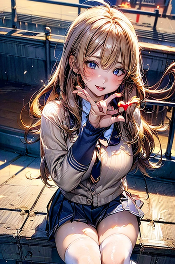 Browsing Caution,(((Waving and looking at me,Sitting on the guardrail))),​(Highest quality, 8k, masterpiece:1.3,beautiful girl), (Very detailed)Glowing Skin,(((Long Hair,blonde,Beautiful Hair))),(Perfect ???????, Anatomically correct, Very detailed肌),((Golden Eyes)),((Perfect Fingers,Five Fingers)),((Light blue collared shirt, Navy pleated mini skirt, socks, Navy tie, Light brown cardigan, White knee socks)),Pink Panties,  Knee-high socks,Knee-high socks on both feet,Double teeth,(((Heart symbol on eye))),Big Breasts,Big Ass,In front of the station,noon,
